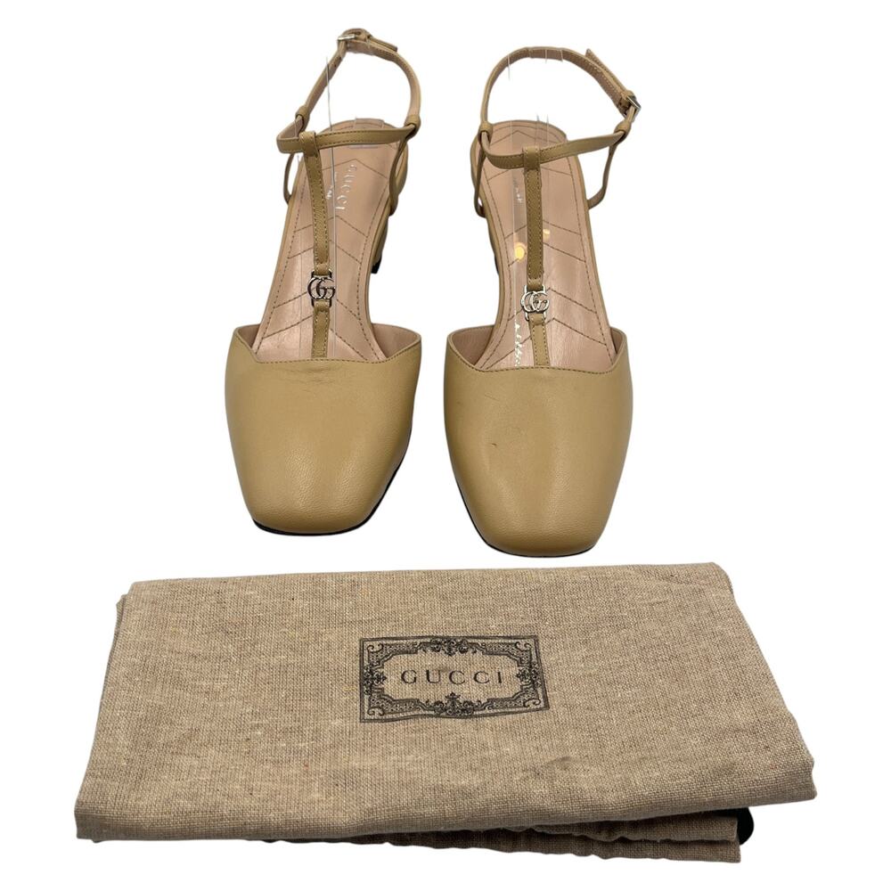 Gucci Petite GG Leather T-Strap Slingback Pumps Beige Size 38 US 8